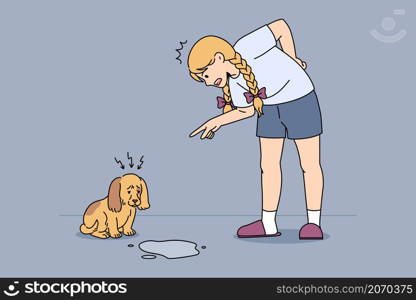 Training and dogs commands concept. Angry small girl standing and swearing little puppy with pee on floor feeling upset and guilty vector illustration . Training and dogs commands concept.