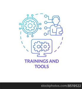 Training and tools blue gradient concept icon. Business workflow. Creating hybrid environment abstract idea thin line illustration. Isolated outline drawing. Myriad Pro-Bold font used. Training and tools blue gradient concept icon