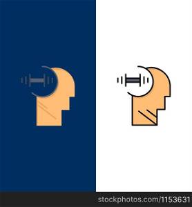 Training, Brian, Dumbbell, Head Icons. Flat and Line Filled Icon Set Vector Blue Background
