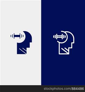 Training, Brian, Dumbbell, Head Line and Glyph Solid icon Blue banner