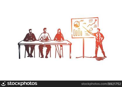 Training, courses, education, presentation, seminar concept. Hand drawn speaker in training center concept sketch. Isolated vector illustration.. Training, courses, education, presentation, seminar concept. Hand drawn isolated vector.