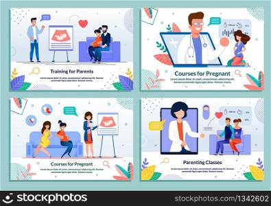 Training Courses for Parents Expecting, Pregnant Women Childbirth Banner Set. Maternity and Parenting Lectures Advertising Vector Flat Posters. Online Support during Pregnancy Cartoon Illustration. Course for Parents Expecting Childbirth Banner Set