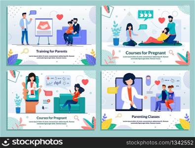 Training Courses for Pregnant and Future Parents Flat Banner Set. Maternity, Motherhood and Parenting. Online Support during Pregnancy. Lectures for Mother and Father. Vector Cartoon Illustration. Training Courses for Pregnant and Parents Set