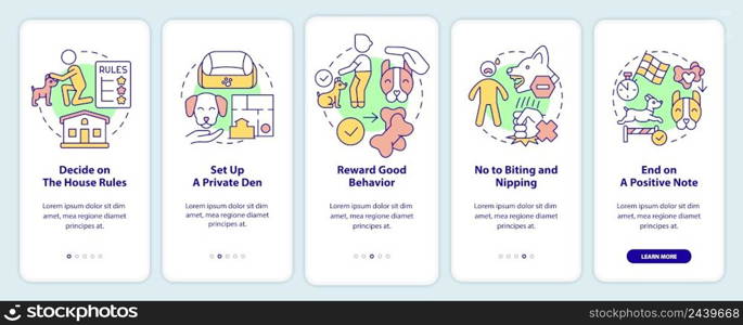 Training dog tips onboarding mobile app screen. Decide on house rules walkthrough 5 steps graphic instructions pages with linear concepts. UI, UX, GUI template. Myriad Pro-Bold, Regular fonts used. Training dog tips onboarding mobile app screen