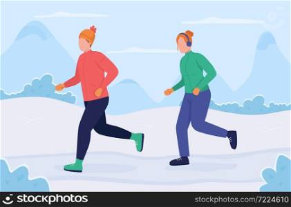 Training during wintertime flat color vector illustration. Man and woman running together in cold climate. Couple exercising together 2D cartoon characters with wintry landscape on background. Training during wintertime flat color vector illustration