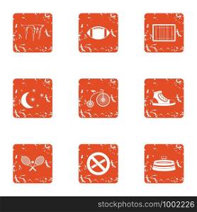 Training field icons set. Grunge set of 9 training field vector icons for web isolated on white background. Training field icons set, grunge style
