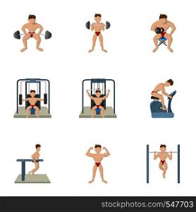 Training in gym icons set. Cartoon illustration of 9 training in gym vector icons for web. Training in gym icons set, cartoon style