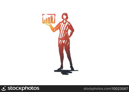 Training, lecturer, presentation, board, education concept. Hand drawn woman makes presentation on training concept sketch. Isolated vector illustration.. Training, lecturer, presentation, board, education concept. Hand drawn isolated vector.