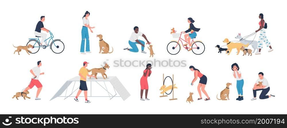 Training pets semi flat color vector character set. Posing figures. Full body people on white. Animal with owners isolated modern cartoon style illustration for graphic design and animation collection. Training pets semi flat color vector character set