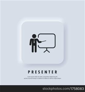 Training, presentation icon. Business Presentation Icons. Contains the Presenter. Teacher icon. Practice. Seminar sign. Vector. Neumorphic UI UX white user interface web button. Neumorphism