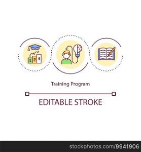 Training program concept icon. Developing new skills of your employees. Upgrading workplace results idea thin line illustration. Vector isolated outline RGB color drawing. Editable stroke. Training program concept icon