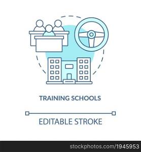 Training schools blue concept icon. Driving course for teens abstract idea thin line illustration. Teenager students. Road traffic rules. Vector isolated outline color drawing. Editable stroke. Training schools blue concept icon