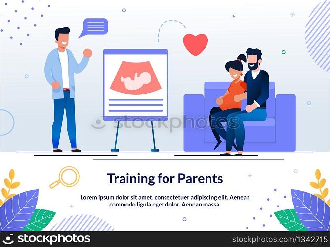 Training, Seminar in School for Future Parents Trendy Flat Vector Advertising Banner, Promo Poster Template. Happy Wife and Husband Waiting Childbirth Visiting Classes for Future Parents Illustration