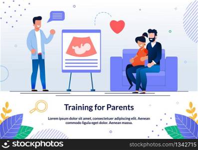 Training, Seminar in School for Future Parents Trendy Flat Vector Advertising Banner, Promo Poster Template. Happy Wife and Husband Waiting Childbirth Visiting Classes for Future Parents Illustration