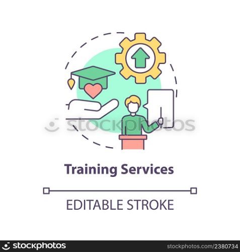 Training services concept icon. Governments may aid abstract idea thin line illustration. Multidisciplinary courses. Isolated outline drawing. Editable stroke. Arial, Myriad Pro-Bold fonts used. Training services concept icon