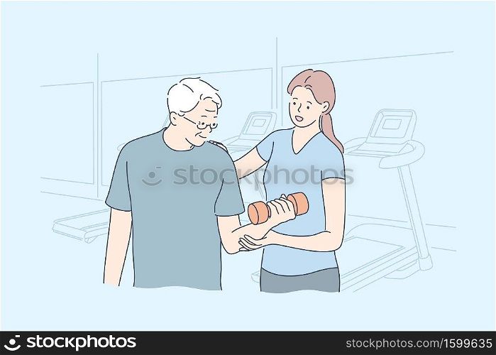Training, sport, fitness, support concept. Cartoon characters Young happy woman girl coach help old man senior citizen pensioner with workout at gym. Sport recreation and active healthy lifestyle.. Training, sport, fitness, support concept