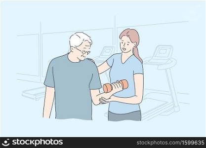 Training, sport, fitness, support concept. Cartoon characters Young happy woman girl coach help old man senior citizen pensioner with workout at gym. Sport recreation and active healthy lifestyle.. Training, sport, fitness, support concept