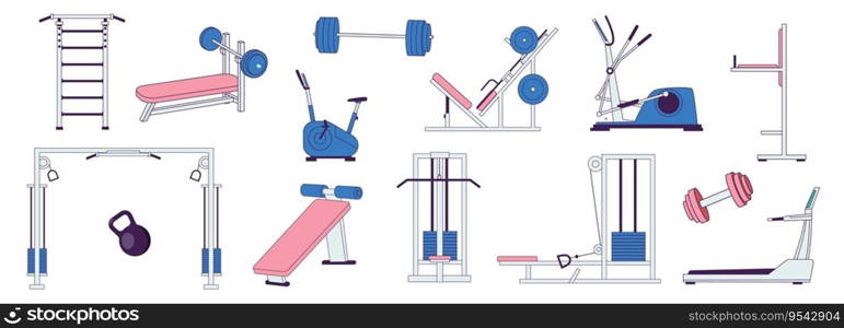 Training sport machines. Fitness equipment with barbells, dumbbells and mats, runner cycling bike and running cross trainer. Vector set. Physical activities, objects for workout and exercises. Training sport machines. Fitness equipment with barbells, dumbbells and mats, runner cycling bike and running cross trainer. Vector set