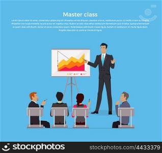 Training staff briefing presentation. Master class, staff meeting, staffing and corporate training, employee training, mentor and people, business seminar, meeting group vector illustration