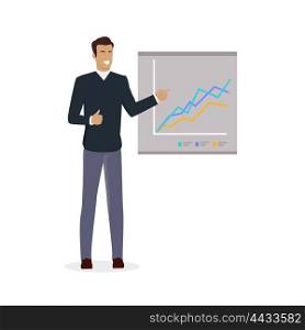 Training staff briefing presentation. Staff meeting, staffing and corporate business training, employee training, mentor business seminar meeting vector. Man near board with carts and graphs