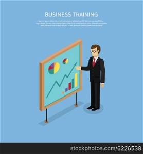 Training staff briefing presentation. Staff meeting, staffing and corporate business training, employee training, mentor business seminar meeting vector. Isometric Man near board with carts and graphs