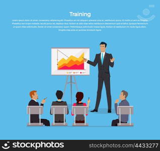 Training staff briefing presentation. Staff meeting, staffing and corporate training, employee training, mentor and people, business seminar, meeting group illustration
