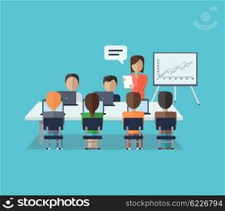Training staff briefing presentation. Staffing and corporate training, employee seminar, mentor and people, business seminar, meeting group illustration. Woman near board with carts and graphs