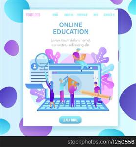 Training Students to Gain Knowledge from Internet and Online Education. Square Banner with Copy Space and Abstract Pattern Frame. Huge Laptop, Young Studying People Around. Flat Vector Illustration.. Training Students to Gain Knowledge from Internet