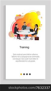 Training vector, people sitting by table and discussing problems of business, partners on meeting, seminar and workshop for experts text. Website or app slider template, landing page flat style. Training, Meeting of Professionals Business Rally