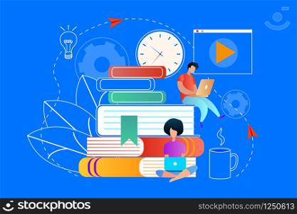 Training Young People Gain Knowledge from Books and Internet Sitting at Huge Heap of Textbooks. Online Education. Learning Students on Blue Background. Outline Elements. Flat Vector Illustration. Training Young People at Huge Heap of Textbooks.