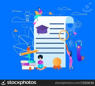 Training Young People Gaining Knowledge From Books and Internet Around of Certificate. Banner with Copy Space, Outline Elements. Online Learning Students Composition. Flat Vector Illustration, Banner. Training Young People Gaining Knowledge Banner