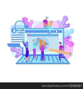 Training Young People to Gain Knowledge from Internet. Online Students Education Design Composition Isolated On White Background. Big Laptop, Learning Men And Woman Around. Flat Vector Illustration.. Training Young People Gain Knowledge from Internet
