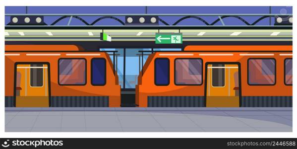 Trains at railway station vector illustration. Red trains with open doors at platform. Destination concept. Trains at railway station vector illustration