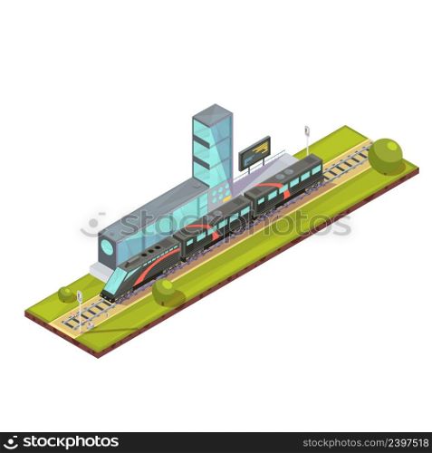 Trains composition of isometric railway passenger train and light rail images with railroad station terminal building vector illustration. Suburban Train Terminal Composition