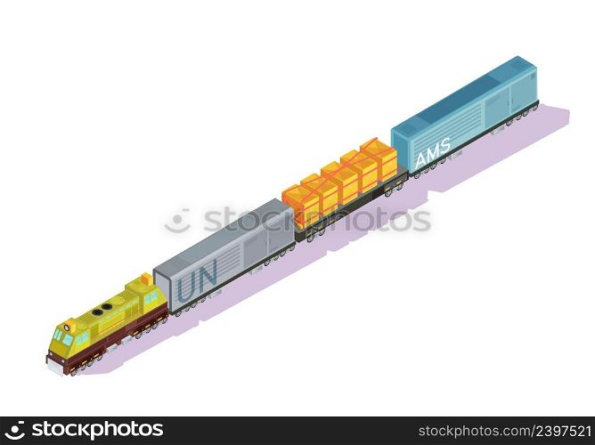 Trains isometric set of cars with locomotive engine boxcars and freight refrigerator rail vans with shadows vector illustration. Railroad Train Isometric Composition
