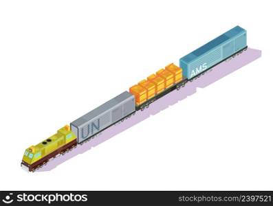 Trains isometric set of cars with locomotive engine boxcars and freight refrigerator rail vans with shadows vector illustration. Railroad Train Isometric Composition