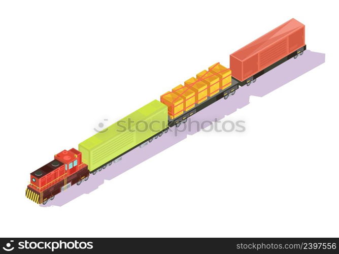 Trains isometric set of freight train with goods and cattle cars on blank background with shadows vector illustration. Freightliner Train Isometric Composition