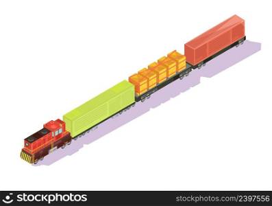 Trains isometric set of freight train with goods and cattle cars on blank background with shadows vector illustration. Freightliner Train Isometric Composition