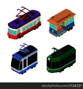 Tram car icons set. Isometric set of tram car vector icons for web design isolated on white background. Tram car icons set, isometric style