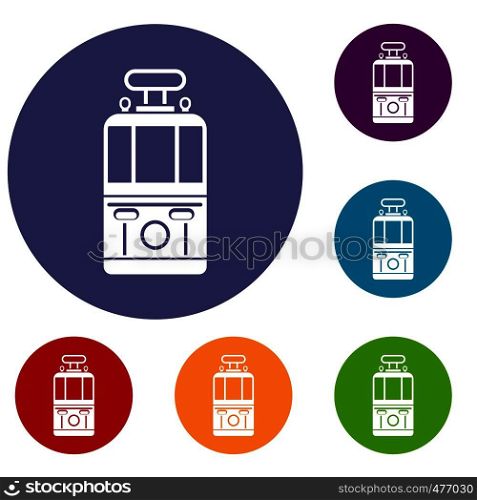 Tram front view icons set in flat circle red, blue and green color for web. Tram front view icons set
