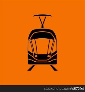 Tram icon front view. Black on Orange background. Vector illustration.