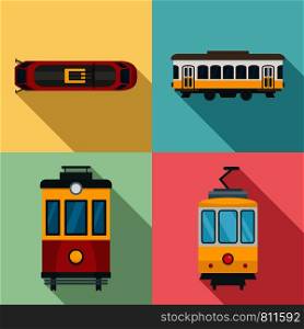 Tram icon set. Flat set of tram vector icons for web design. Tram icon set, flat style