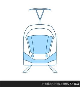 Tram Icon. Thin Line With Blue Fill Design. Vector Illustration.