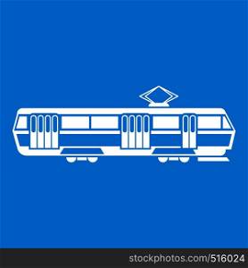Tram icon white isolated on blue background vector illustration. Tram icon white