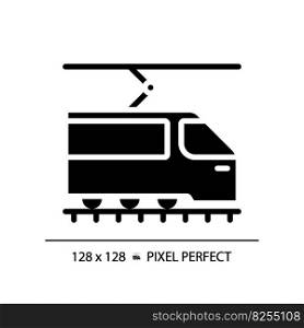 Tram pixel perfect black glyph icon. Tramway train. Urban transport. Light rail vehicle. Modern streetcar. Silhouette symbol on white space. Solid pictogram. Vector isolated illustration. Tram pixel perfect black glyph icon
