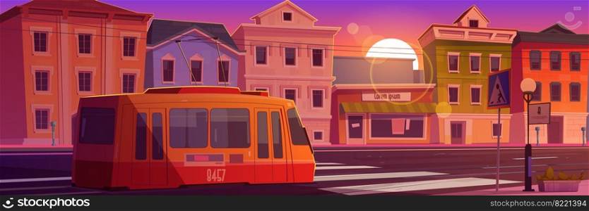 Tram riding on retro city street at sunset time. Trolley car on summer cityscape background, road with rails, antique buildings, lantern, pedestrian crosswalk. Cartoon vector urban tramway commuter. Tram riding on retro city street at sunset time