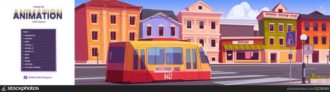 Tram riding on retro city street game background with layers ready for animation. Trolley car on vintage cityscape parallax effect with antique buildings. Cartoon vector urban tramway railway commuter. Tram riding on retro city street game background