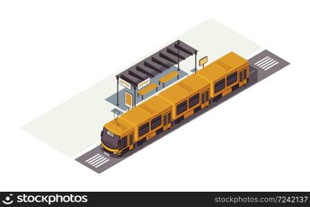 Tram stop isometric color vector illustration. Waiting station. Public urban transportation infographic. City transport. Town traffic. Auto 3d concept isolated on white background