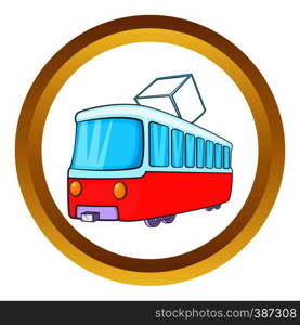 Tram vector icon in golden circle, cartoon style isolated on white background. Tram vector icon