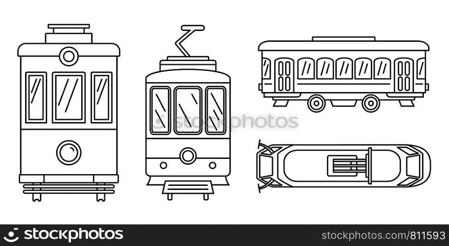 Tramway icon set. Outline set of tramway vector icons for web design isolated on white background. Tramway icon set, outline style